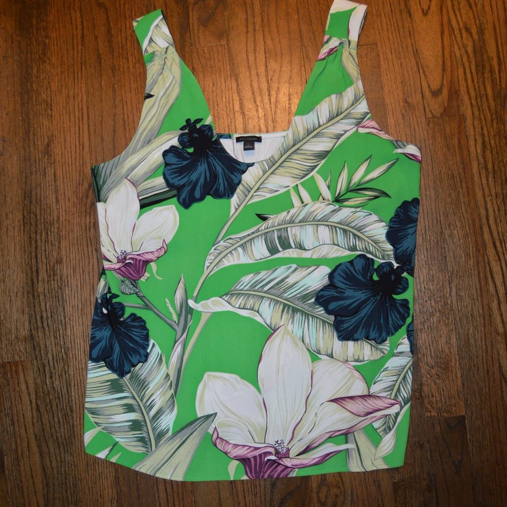 Ann Taylor Sleeveless Top Tank Tunic Straps Cute~LARGE~Floral in Greens~